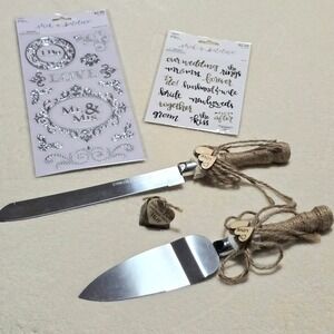 Wedding Cake Knife Server Set Rustic Jute "Ring the Bell & Wish Them Well" Charm